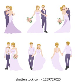 Set of Wedding Couple, couple in love for valentine's day, holidays, celebrating marriage, people cartoon character flat vector design isolated on white background.