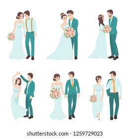 Set of Wedding Couple, couple in love for valentine's day, holidays, celebrating marriage, people cartoon character flat vector design isolated on white background.