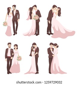 Set of Wedding Couple, couple in love for valentine's day, holidays, celebrating marriage, people cartoon character flat vector design isolated on white background.