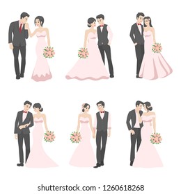 Set of Wedding Couple, couple in love for valentine's day, holidays, celebrating marriage, people cartoon character flat vector design isolated on white background.