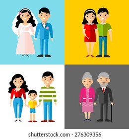 Set of wedding couple, pregnant parents, grandparent, young family 
Set of European family, wedding, pregnant, old
