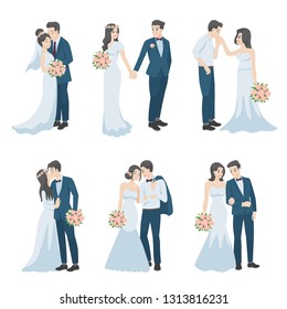 Set of Wedding Couples, couple in love characters cartoon for love valentine's day, holidays, celebrating marriage, Just married , newlyweds, bride, groom.