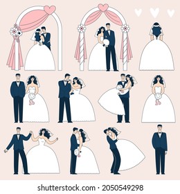 Set of wedding couples in different poses. The bride and groom under the wedding arch. Doodle vector illustration
