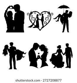 Set of Valentine’s and wedding couples illustrations showing love, romance, marriage, engagement, and celebration moments