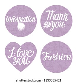 Set Wedding Day design. Vector white inscription lettering calligraphy circle shape trend color lavender isolated on white background.