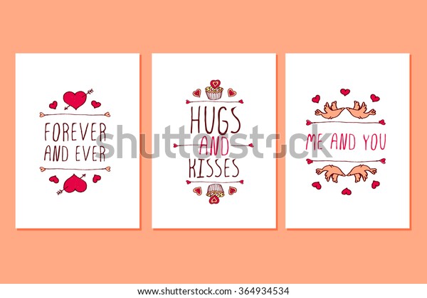 Set of wedding day hand drawn greeting cards.
Poster templates with doodle elements and handwritten text for
wedding. Forever and ever. Hugs and kisses. Me and you. Wedding
design templates.