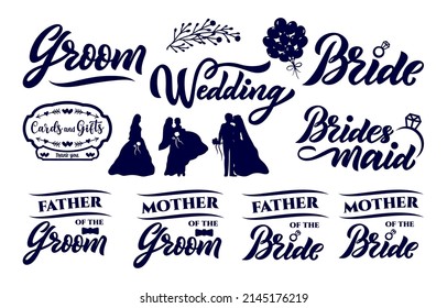 Set of wedding decoration elements. Typographic elements for greeting card, event decor, poster, banner. Silhouette of man and woman. Mother of the bride, father of the groom. Icon of balloons. Vector