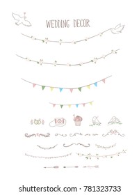 Set of wedding design elements: floral garland, birds, cake, arrow, camera, decor