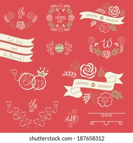 Set of wedding design elements on pink background.