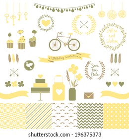Set for wedding design. Includes a cake, cupcakes, flags, arrows, frames, hearts, banks, keys, bicycle, pigeons, seamless floral, stripes, doted, chevron patterns. Love elements for your design Eps 10
