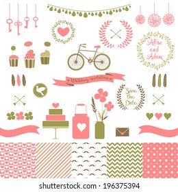 Set for wedding design. Includes a cake, cupcakes, flags, arrows, frames, hearts, banks, keys, bicycle, pigeons, seamless floral, stripes, doted, chevron patterns. Love elements for your design Eps 10