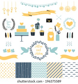 Set for wedding design. Includes a cake, cupcakes, flags, arrows, frames, hearts, banks, keys, tape, pigeons, seamless floral, stripes, doted, chevron patterns. Love elements for your design Eps 10