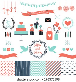 Set for wedding design. Includes a cake, cupcakes, flags, arrows, frames, hearts, banks, keys, tape, pigeons, seamless floral, stripes, doted, chevron patterns. Love elements for your design Eps 10