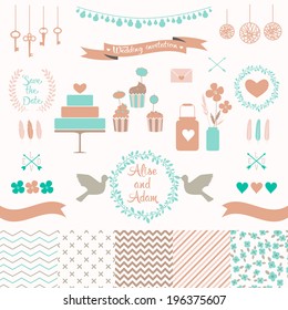 Set for wedding design. Includes a cake, cupcakes, flags, arrows, frames, hearts, banks, keys, tape, pigeons, seamless floral, stripes, doted, chevron patterns. Love elements for your design Eps 10