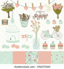 Set for wedding design. Save the date. The set includes macaroon, flags, flowers, hearts, birdcage, seamless floral patterns. Eps 10