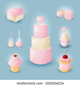 A set of wedding desserts. Holiday sweets, confectionery decorated for a wedding celebration or birthday. Vector illustration.