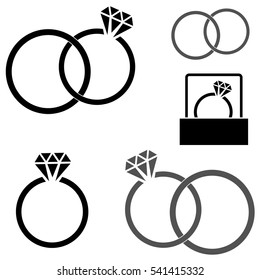 Set of Wedding Diamond Ring Icons Isolated on White Background. Flat Design Vector Set.