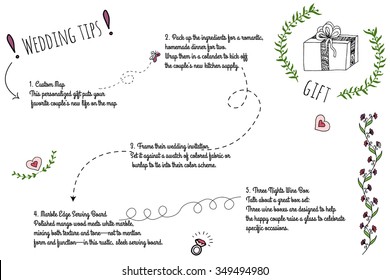Set of wedding doodle infographics with hand-drawn elements. Wedding gift tips.