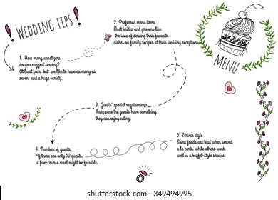 Set of wedding doodle infographics with hand-drawn elements. Wedding menu tips.