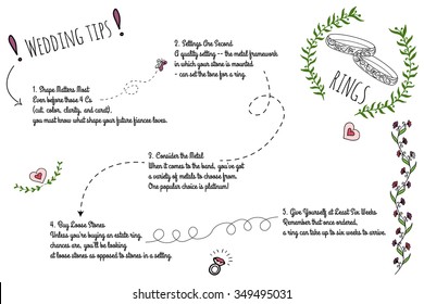 Set of wedding doodle infographics with hand-drawn elements. Wedding buying rings tips.