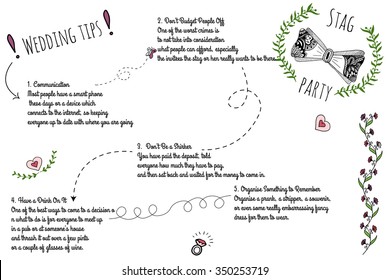 Set of wedding doodle infographics with hand-drawn elements. Wedding tips for organasing hen party.