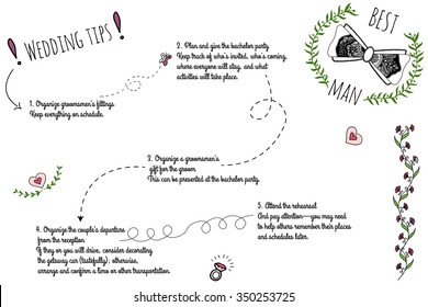 Set of wedding doodle infographics with hand-drawn elements. Best Man's Duties Checklist.