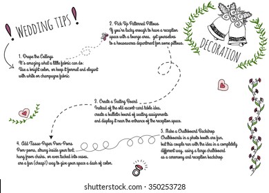 Set of wedding doodle infographics with hand-drawn elements. Wedding decoration ideas.