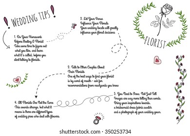 Set of wedding doodle infographics with hand-drawn elements. Wedding flower tips.