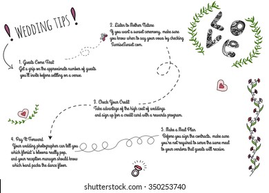 Set of wedding doodle infographics with hand-drawn elements. Wedding tips for wedding day.