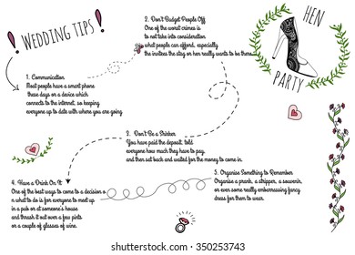 Set of wedding doodle infographics with hand-drawn elements. Wedding tips for organasing hen party.