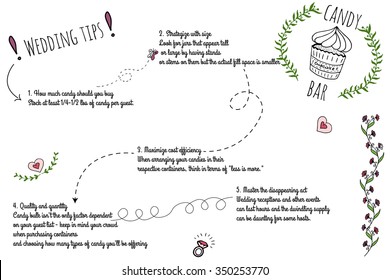 Set of wedding doodle infographics with hand-drawn elements. Wediing tips gor making candy bar.