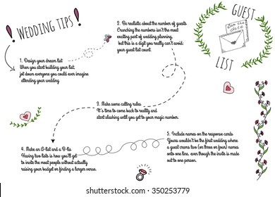 Set of wedding doodle infographics with hand-drawn elements. Wedding tips formaking guest list.