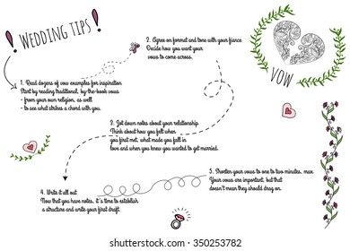 Set of wedding doodle infographics with hand-drawn elements. Wedding tips for night love.