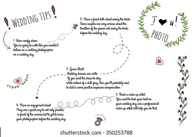 Set of wedding doodle infographics with hand-drawn elements. Wedding tips for perfect photo.