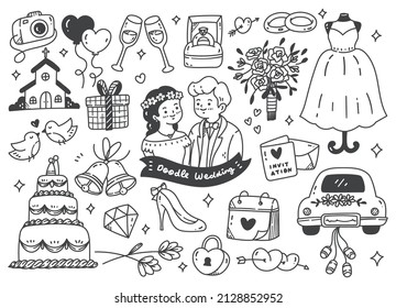 Set wedding doodle line art vector illustration