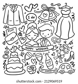 Set of wedding doodle line art vector illustration