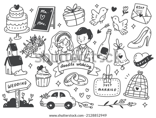 Set of\
wedding doodle line art vector\
illustration