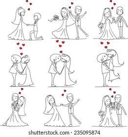 Set of wedding doodle pictures, bride and groom in love, the vector 