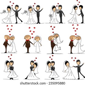 Set of wedding doodle pictures, bride and groom in love, the vector 