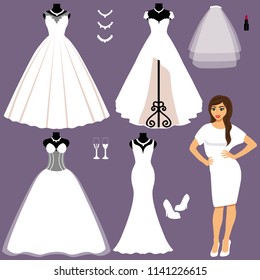 A set of wedding dresses. The choice. Clothes for the bride. Icons of wedding dresses. Vector illustration.