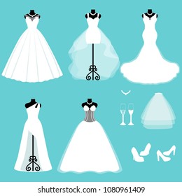 A set of wedding dresses. Clothes for the bride. Icons of wedding dresses. Vector illustration.