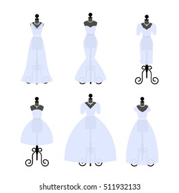 Set of Wedding Dresses. Fashion gowns on mannequins. White dresses in Different styles. Vector