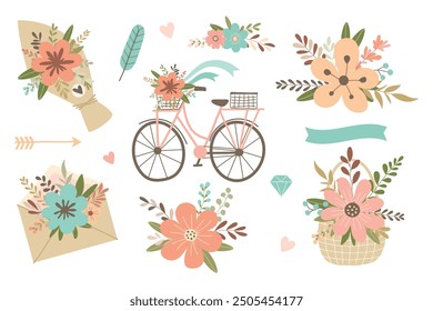 Set of wedding elements, bouquets, bicycle, envelope, wicker basket, arrow, ribbon, hearts isolated on white background. Cute vector illustration. Simple flat style for wedding design.