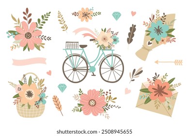 Set of wedding elements, bouquets, bicycle, envelope, wicker basket, arrow, ribbon, hearts isolated on white background. Cute vector illustration. Simple flat style for wedding design.