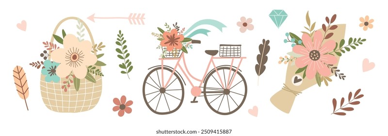 Set of wedding elements, bouquets, bicycle, wicker basket, arrow, ribbon, hearts. Simple flat style for wedding design.