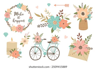 Set of wedding elements, bouquets, bicycle, envelope, wicker basket, arrow, ribbon, hearts isolated on white background. Cute vector illustration. Simple flat style for wedding design.