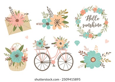 Conjunto de Elementos de novia, ramos, bicicleta, sobre, cesta de mimbre, flecha, cinta, corazones aislados sobre fondo blanco. Linda Ilustración vectorial. Estilo plano simple para el diseño de la boda.