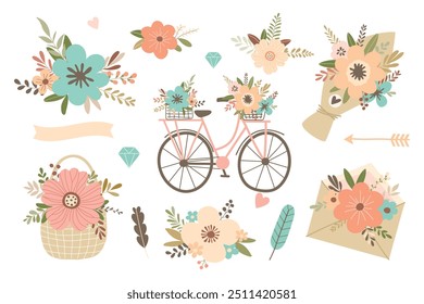 Set of wedding elements, bouquets, bicycle, envelope, wicker basket, arrow, ribbon, hearts isolated on white background. Cute vector illustration. Simple flat style for wedding design.