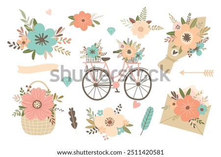 Set of wedding elements, bouquets, bicycle, envelope, wicker basket, arrow, ribbon, hearts isolated on white background. Cute vector illustration. Simple flat style for wedding design.