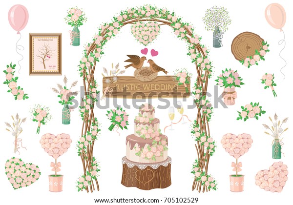 Set Wedding Elements Rustic Style Cream Stock Vector Royalty Free